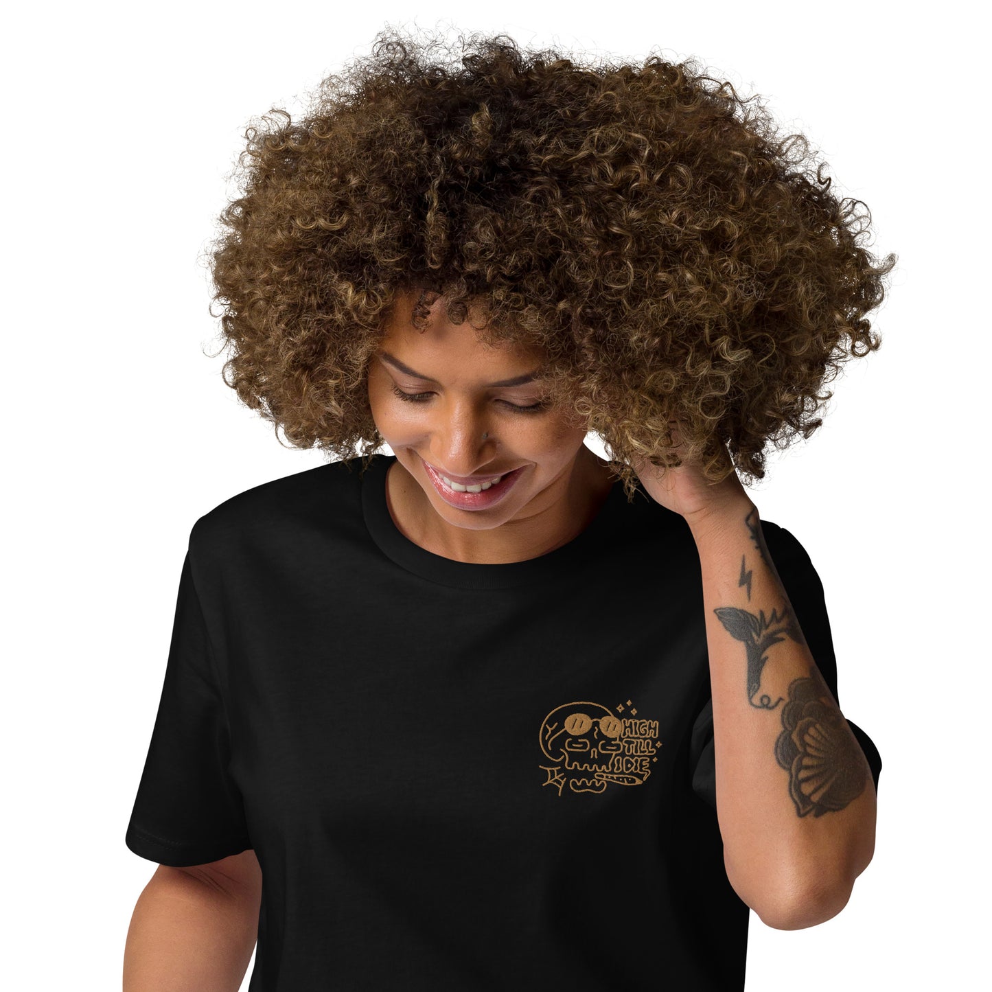 High till I die, besticktes organic T-Shirt / unisex